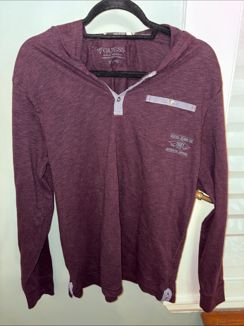Guess Jeans Mens XL Purple Heather Hooded Henley Long Sleeve Shirt